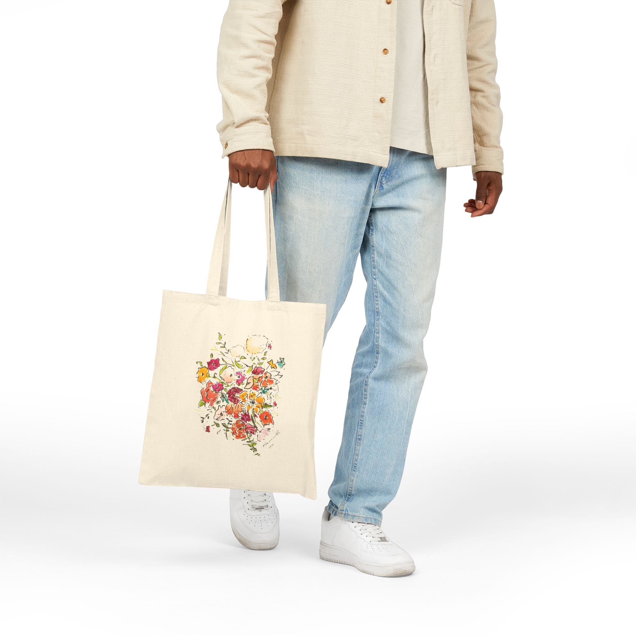 Floral Bouquet Canvas Tote Bag – Watercolor Wildflower Design