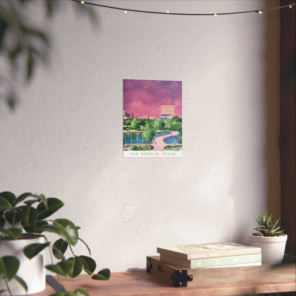 Illustration of Downtown San Angelo, Texas Fine Art Poster — Dreamy Pink Sky Cityscape