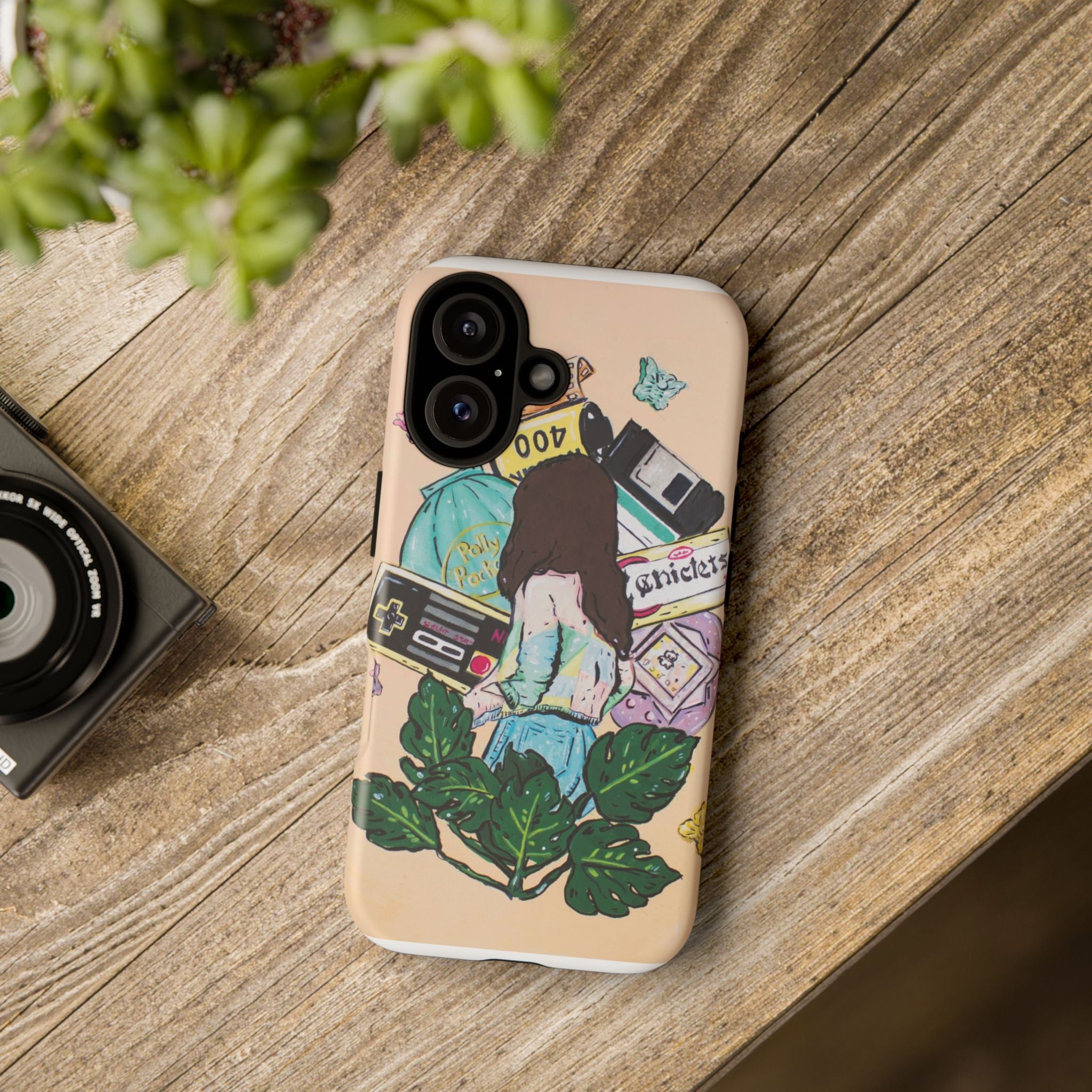 90s Girl Guache Painting Phone Case - Retro Girl Collage Phone Case — Vintage Game Console & Polaroid Art