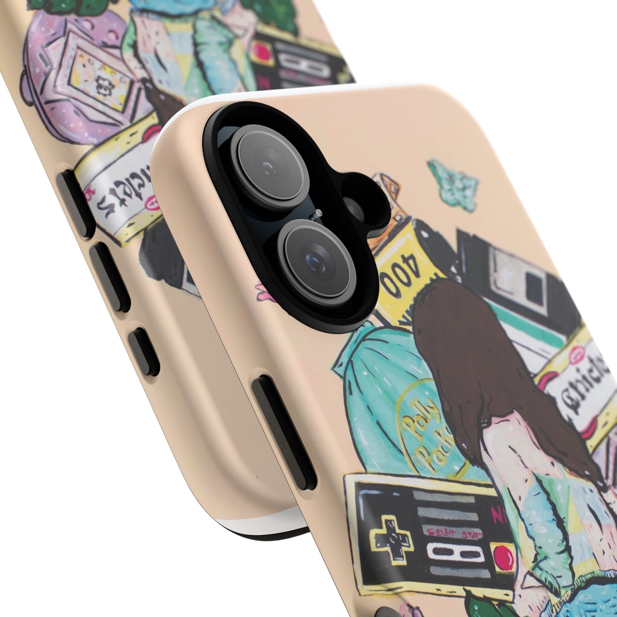 90s Girl Guache Painting Phone Case - Retro Girl Collage Phone Case — Vintage Game Console & Polaroid Art