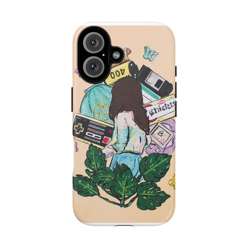 90s Girl Guache Painting Phone Case - Retro Girl Collage Phone Case — Vintage Game Console & Polaroid Art