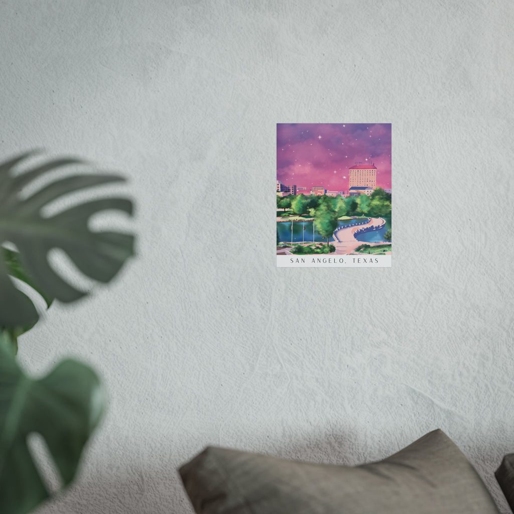Illustration of Downtown San Angelo, Texas Fine Art Poster — Dreamy Pink Sky Cityscape
