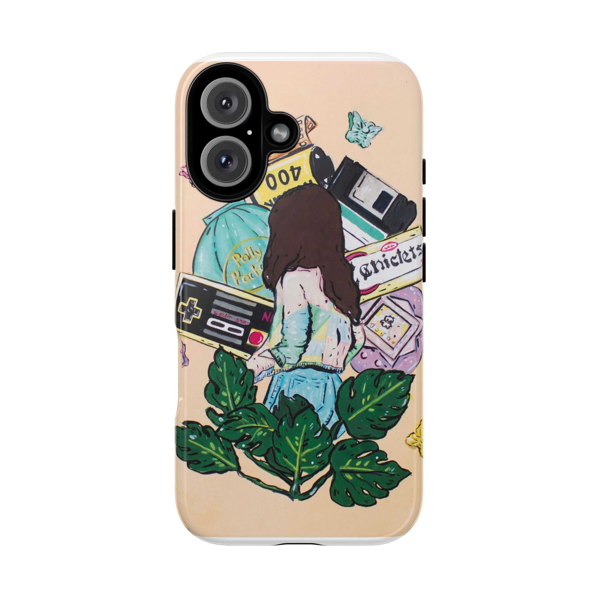 90s Girl Guache Painting Phone Case - Retro Girl Collage Phone Case — Vintage Game Console & Polaroid Art