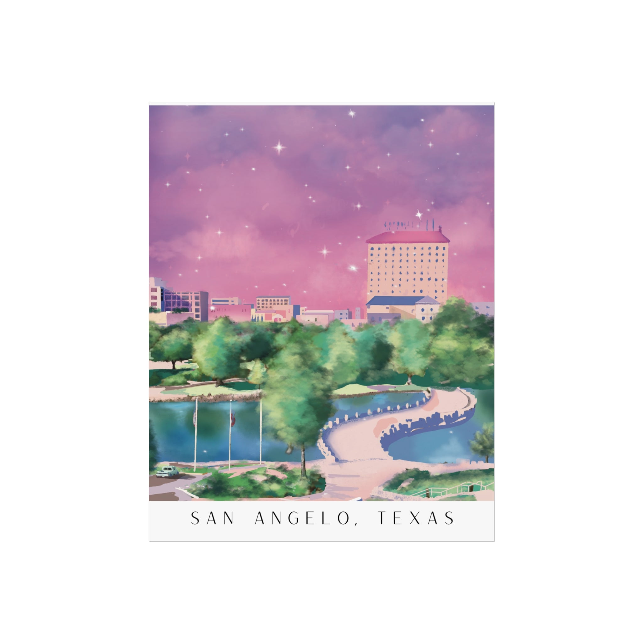 Illustration of Downtown San Angelo, Texas Fine Art Poster — Dreamy Pink Sky Cityscape