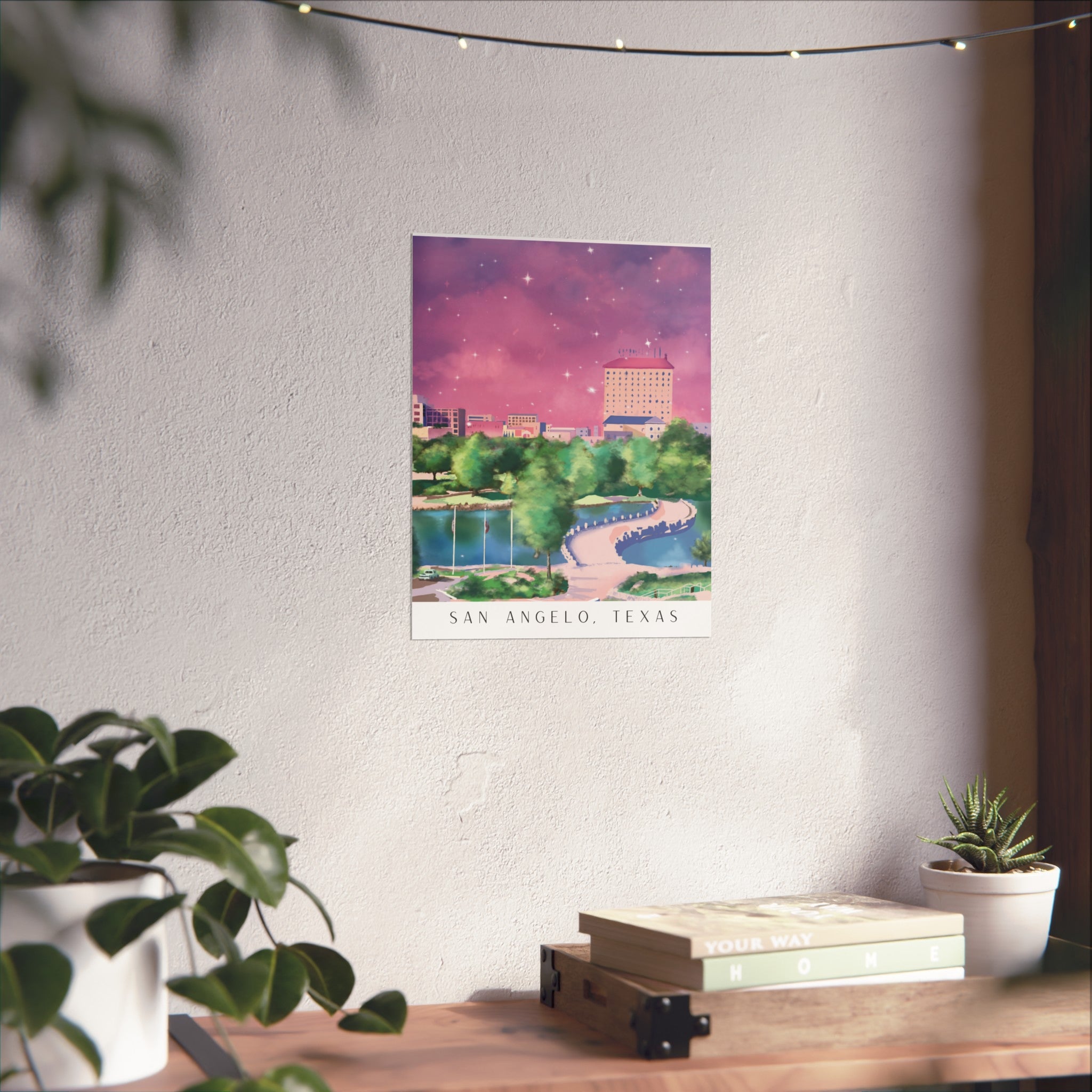 Illustration of Downtown San Angelo, Texas Fine Art Poster — Dreamy Pink Sky Cityscape
