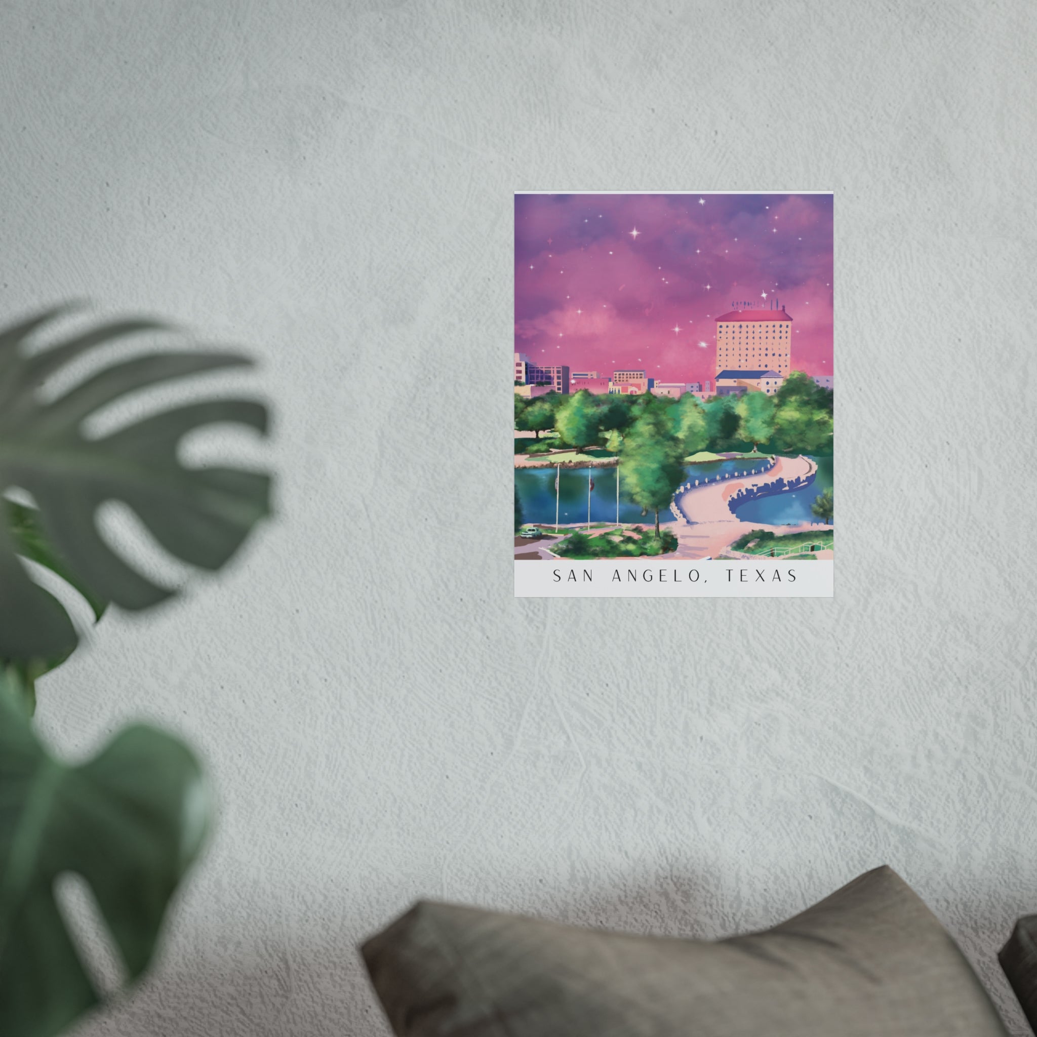 Illustration of Downtown San Angelo, Texas Fine Art Poster — Dreamy Pink Sky Cityscape