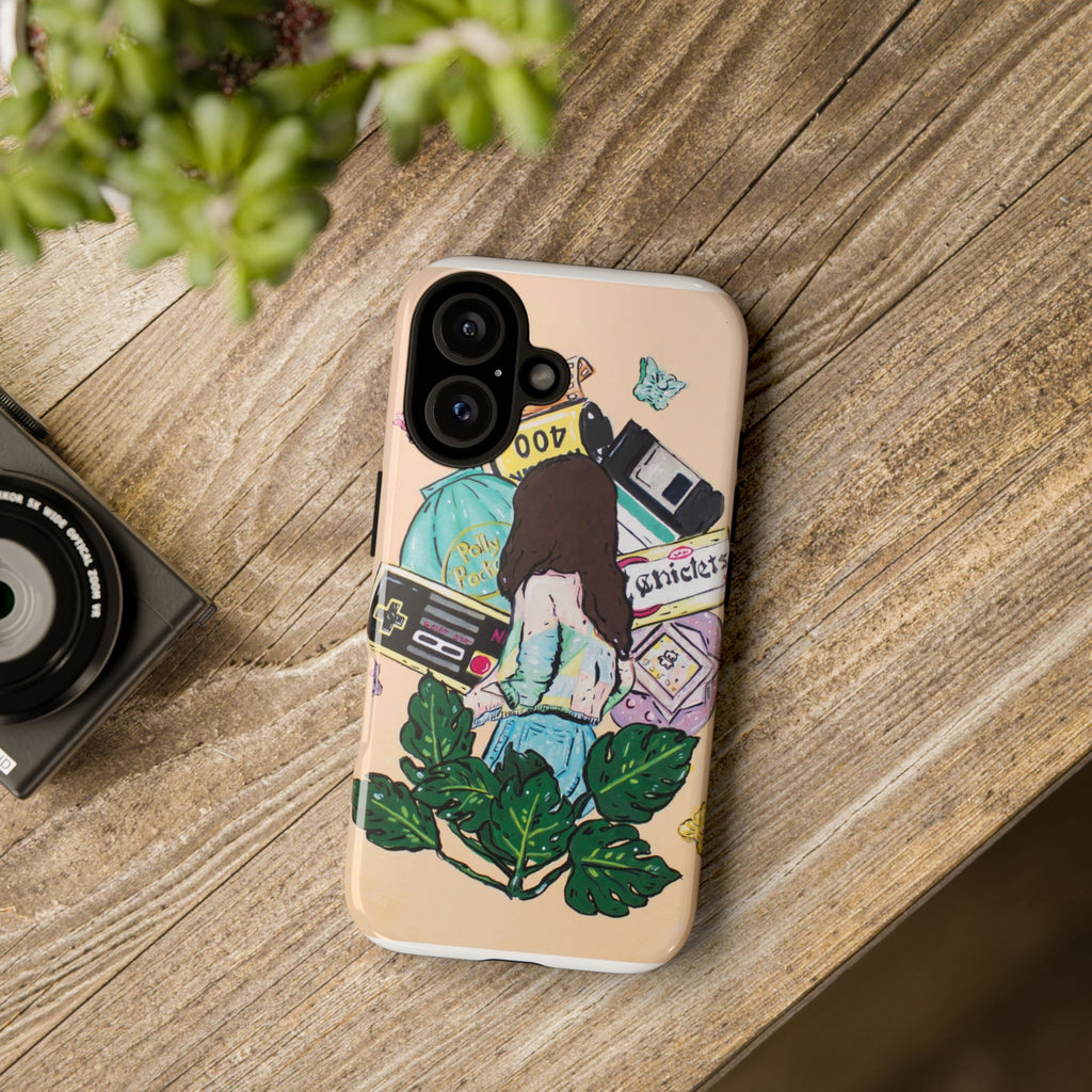 90s Girl Guache Painting Phone Case - Retro Girl Collage Phone Case — Vintage Game Console & Polaroid Art